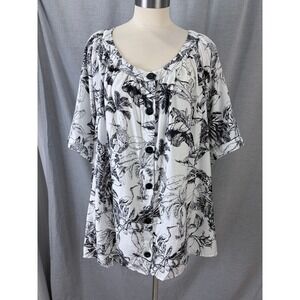 CJ Banks Womens Black White Tropical Toile Top Button Front Blouse Tie Cuff 3X